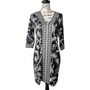 Gretchen Scott Dress Black White Tropical Floral 3/4 Sleeve Size S